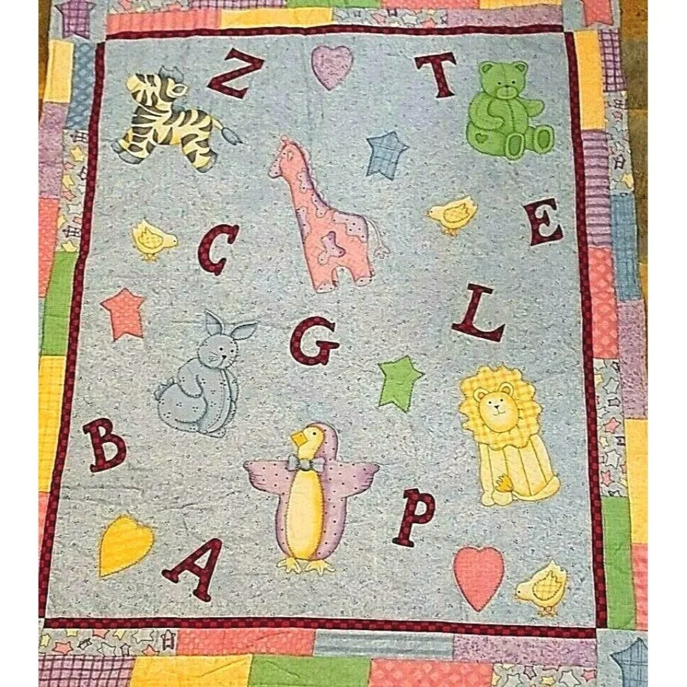 Baby Quilt Throw Crib Alphabet Zoo Animals Blue Pink Bear Lion Rabbit Stitched 3